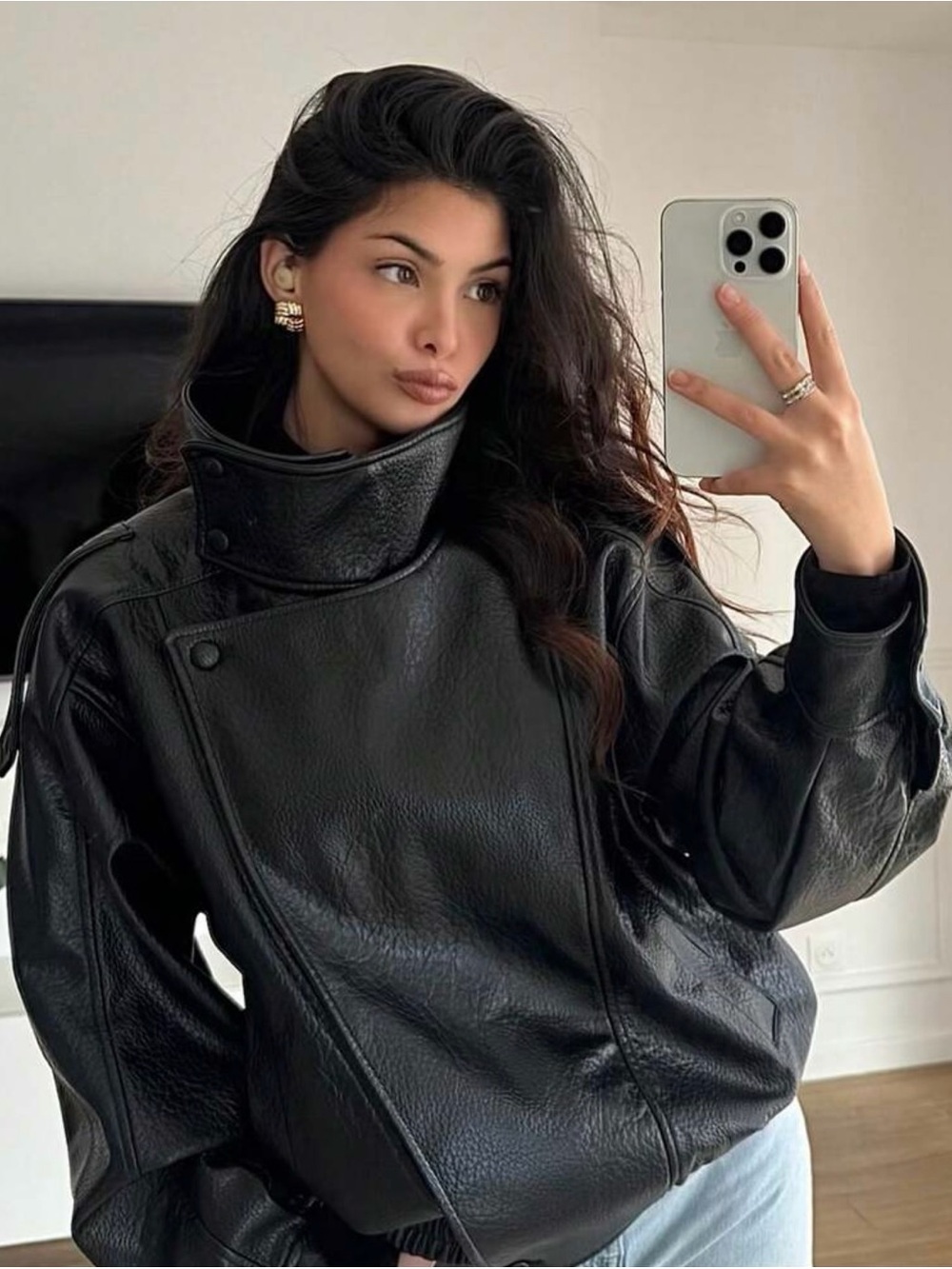 Women's Black Faux Leather High-Collar Jacket